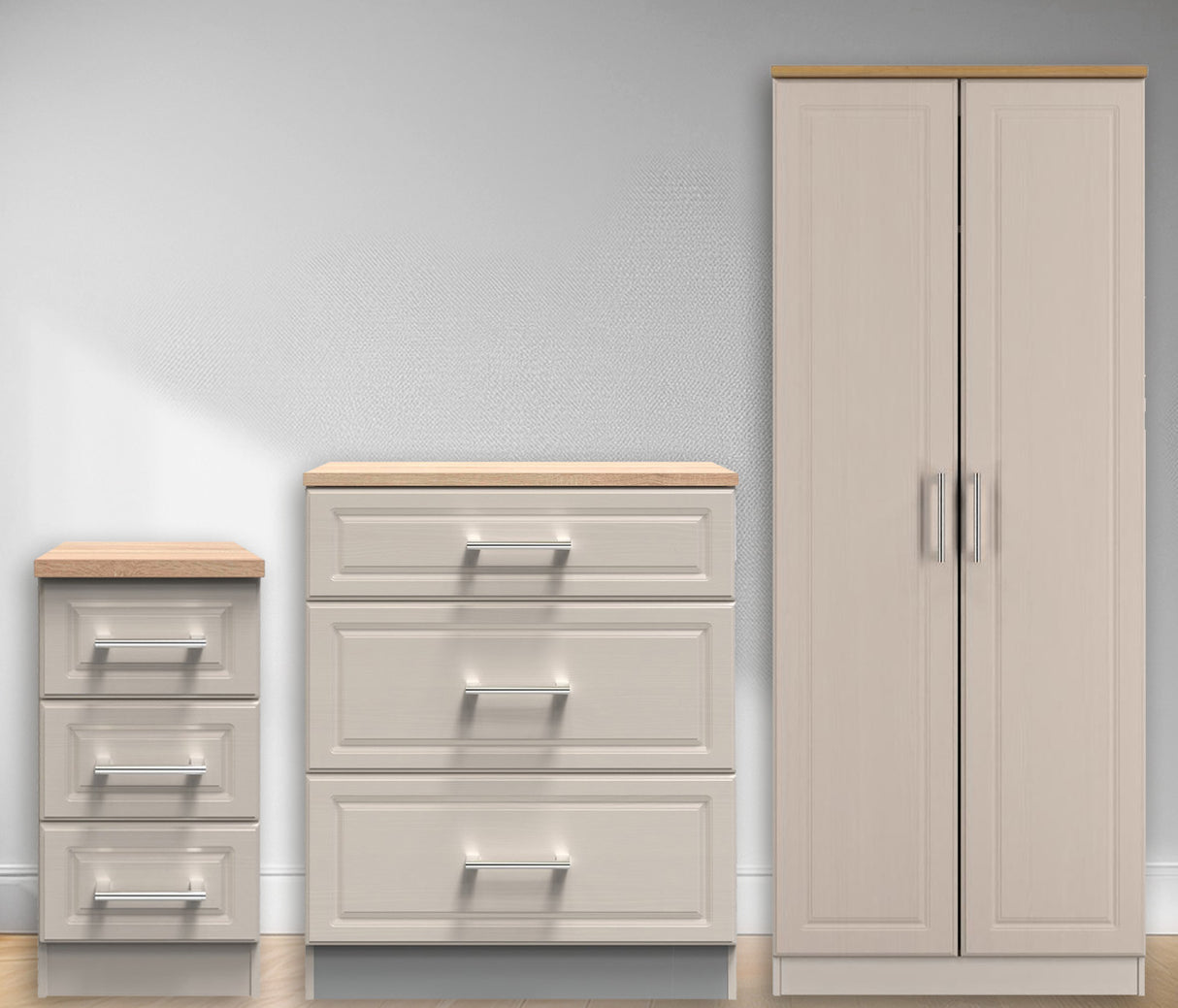 Kent 2 Door Double Wardrobe, 3 Drawer Bedside & 3 Drawer Deep Chest of Drawers