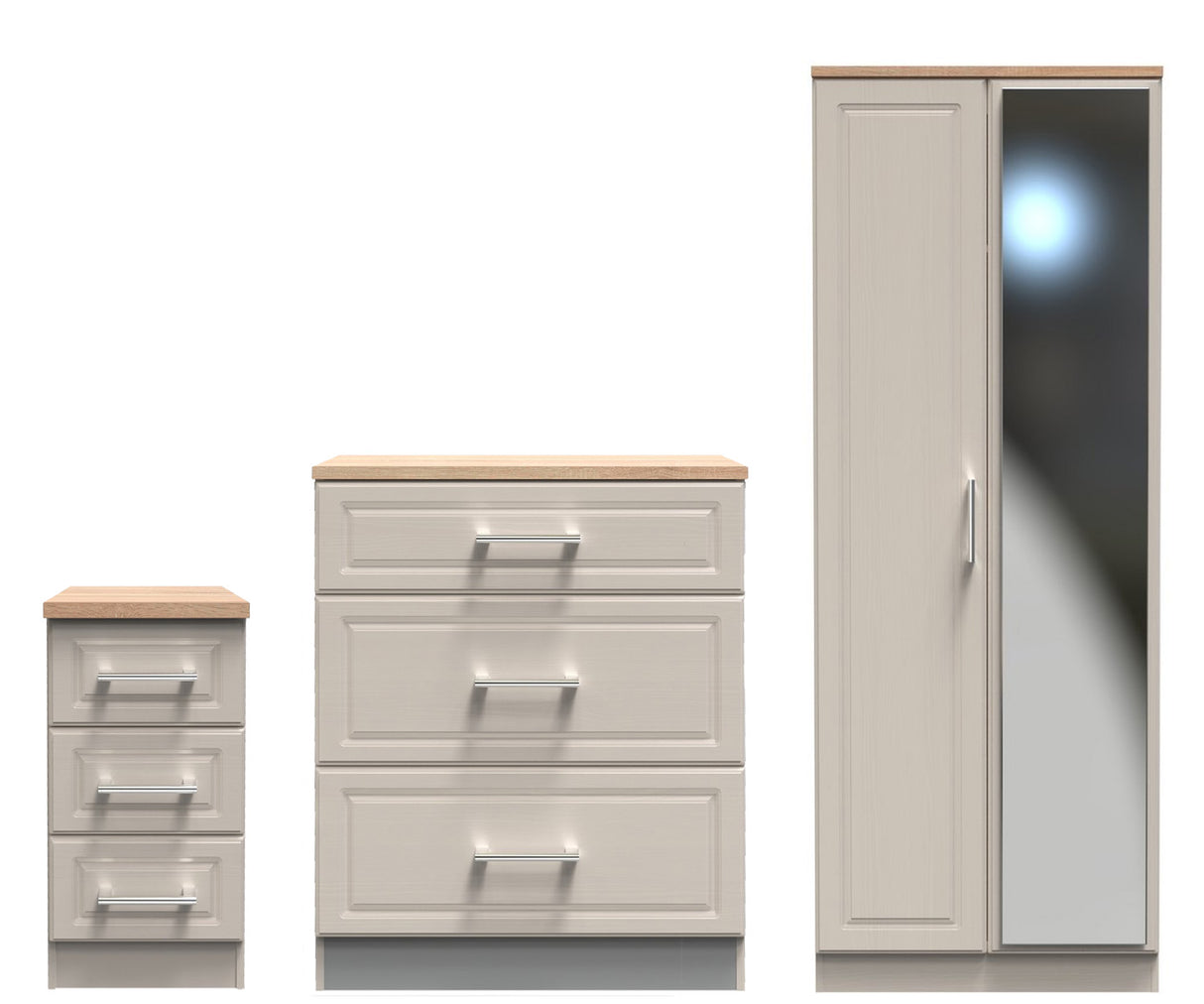 Kent 2 Door Mirrored Double Wardrobe, 3 Drawer Bedside & 3 Drawer Deep Chest of Drawers