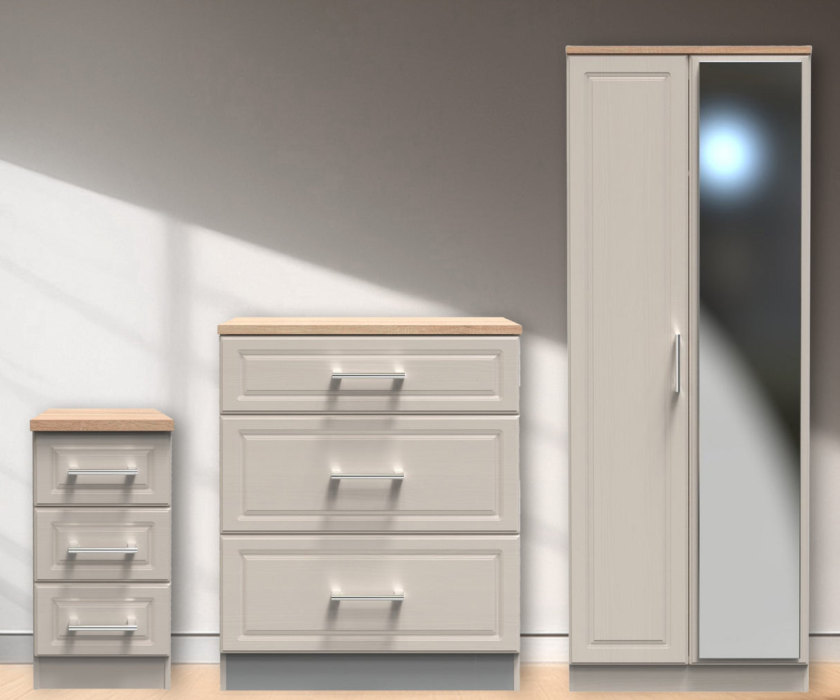 Kent 2 Door Mirrored Double Wardrobe, 3 Drawer Bedside & 3 Drawer Deep Chest of Drawers