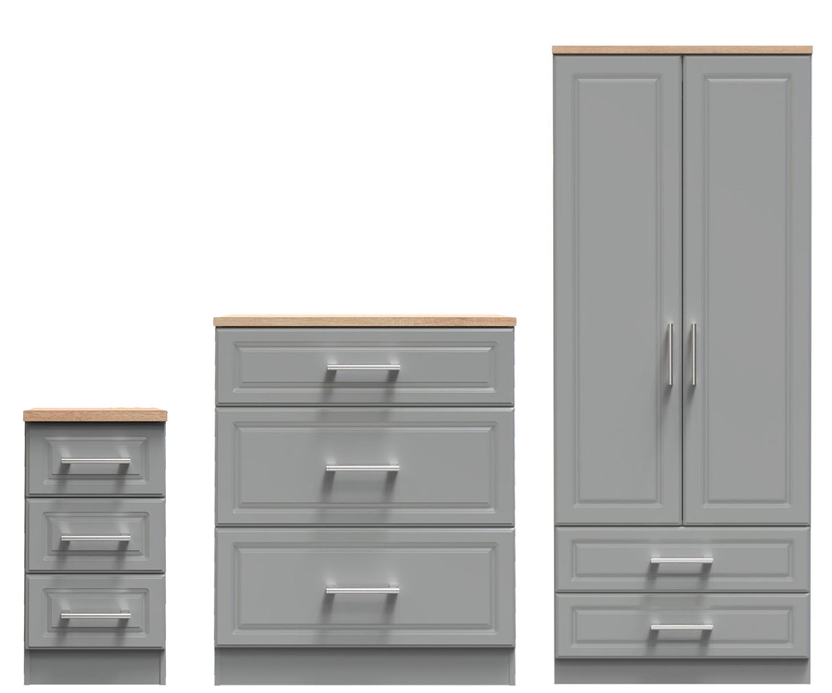 Kent 2 Drawer 2 Door Double Wardrobe, 3 Drawer Bedside & 3 Drawer Deep Chest of Drawers