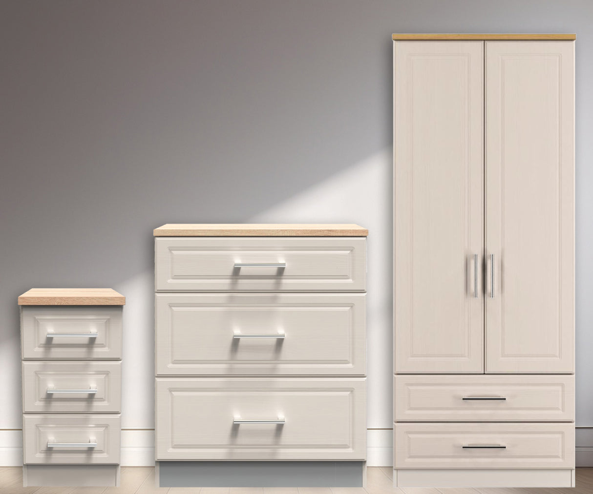Kent 2 Drawer 2 Door Double Wardrobe, 3 Drawer Bedside & 3 Drawer Deep Chest of Drawers
