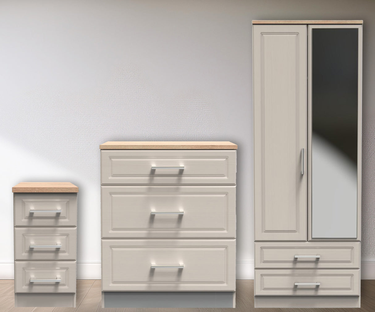 Kent 2 Drawer 2 Door Mirrored Double Wardrobe, 3 Drawer Bedside & 3 Drawer Deep Chest of Drawers