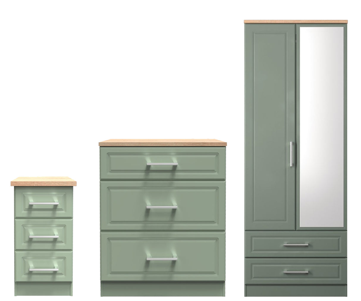 Kent 2 Drawer 2 Door Mirrored Double Wardrobe, 3 Drawer Bedside & 3 Drawer Deep Chest of Drawers