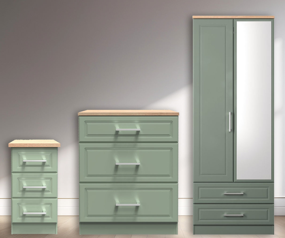 Kent 2 Drawer 2 Door Mirrored Double Wardrobe, 3 Drawer Bedside & 3 Drawer Deep Chest of Drawers
