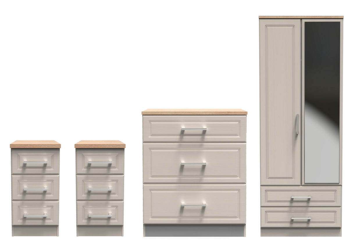 Kent 2 Drawer 2 Door Mirrored Double Wardrobe, 3 Drawer Bedsides & 3 Drawer Deep Chest of Drawers