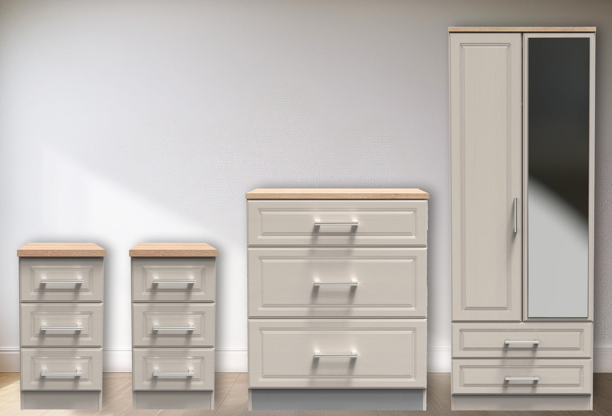 Kent 2 Drawer 2 Door Mirrored Double Wardrobe, 3 Drawer Bedsides & 3 Drawer Deep Chest of Drawers