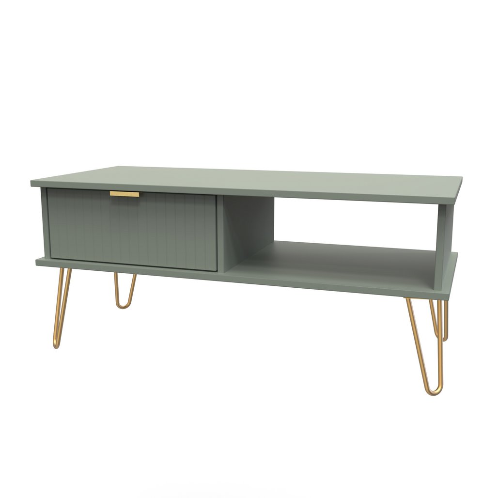 Linear 1 Drawer 1 Shelf Coffee Table with Gold Hairpin Legs