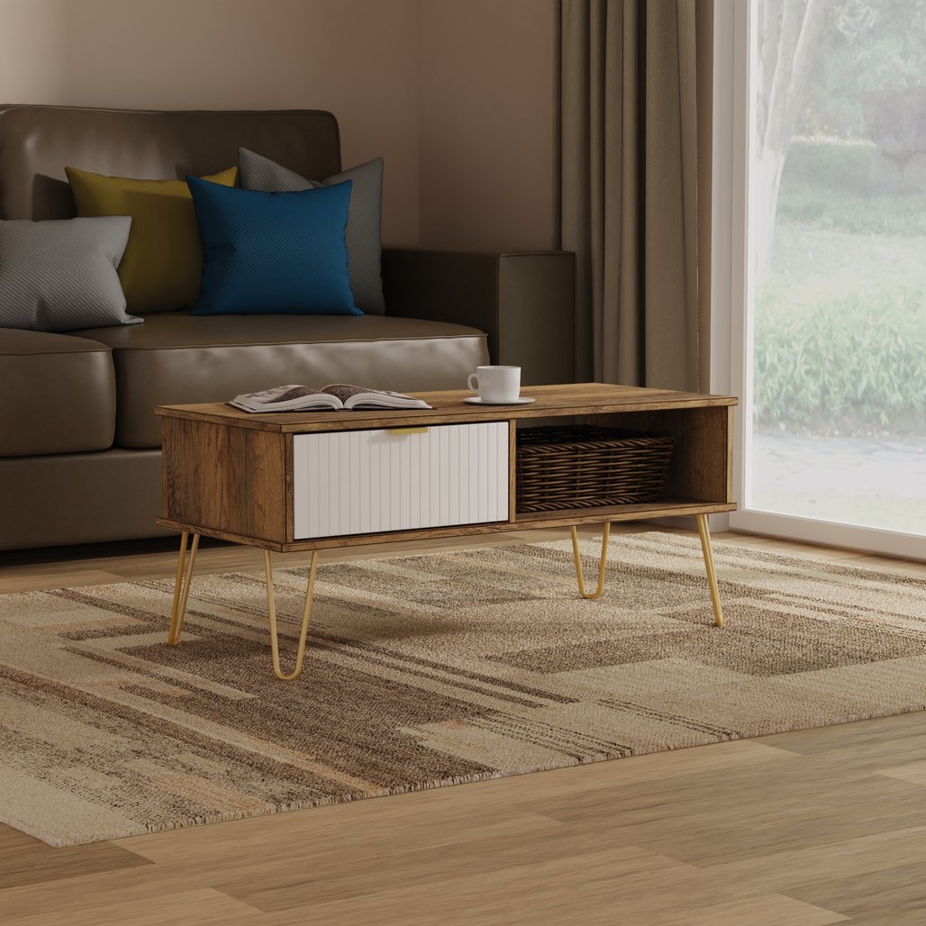 Linear 1 Drawer 1 Shelf Coffee Table with Gold Hairpin Legs