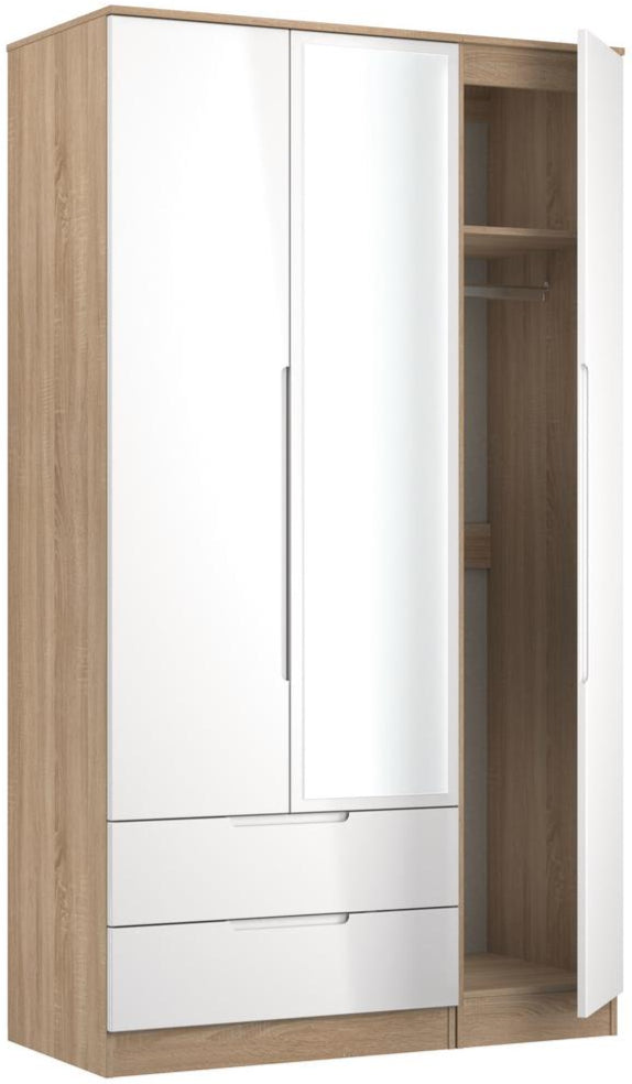 Milan Tall Mirrored 3 Door 2 Drawer Triple Wardrobe