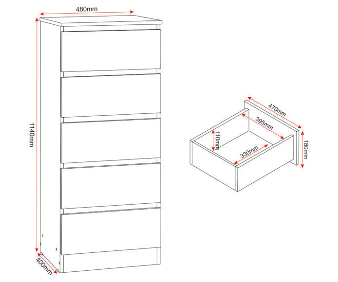 Malvern 5 Drawer Narrow Tallboy Chest of Drawers