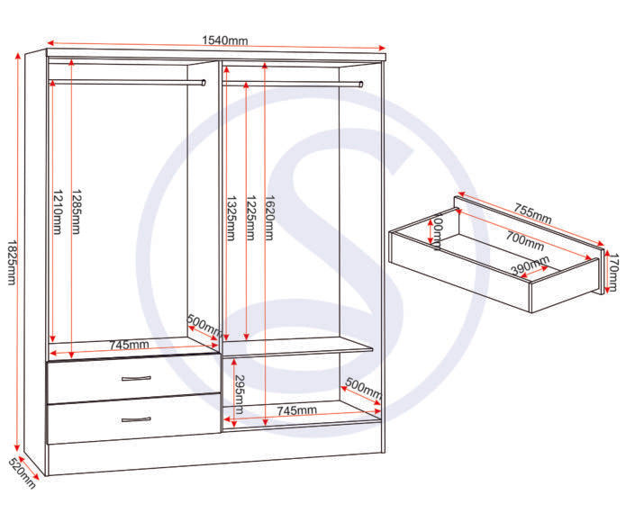 Nevada 4 Door 2 Drawer Mirrored Wardrobe