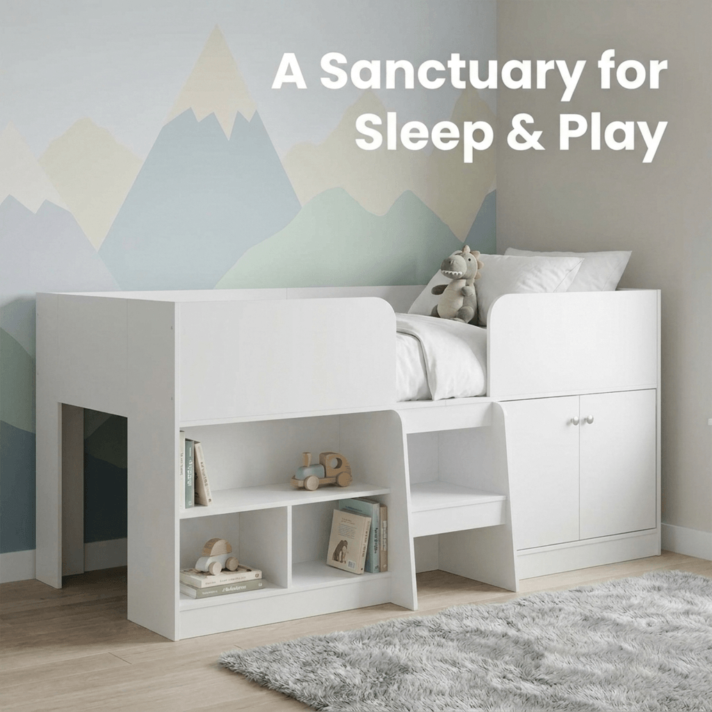 Nova Low Sleeper Kids Single Bed with Storage Shelves & Cupboard