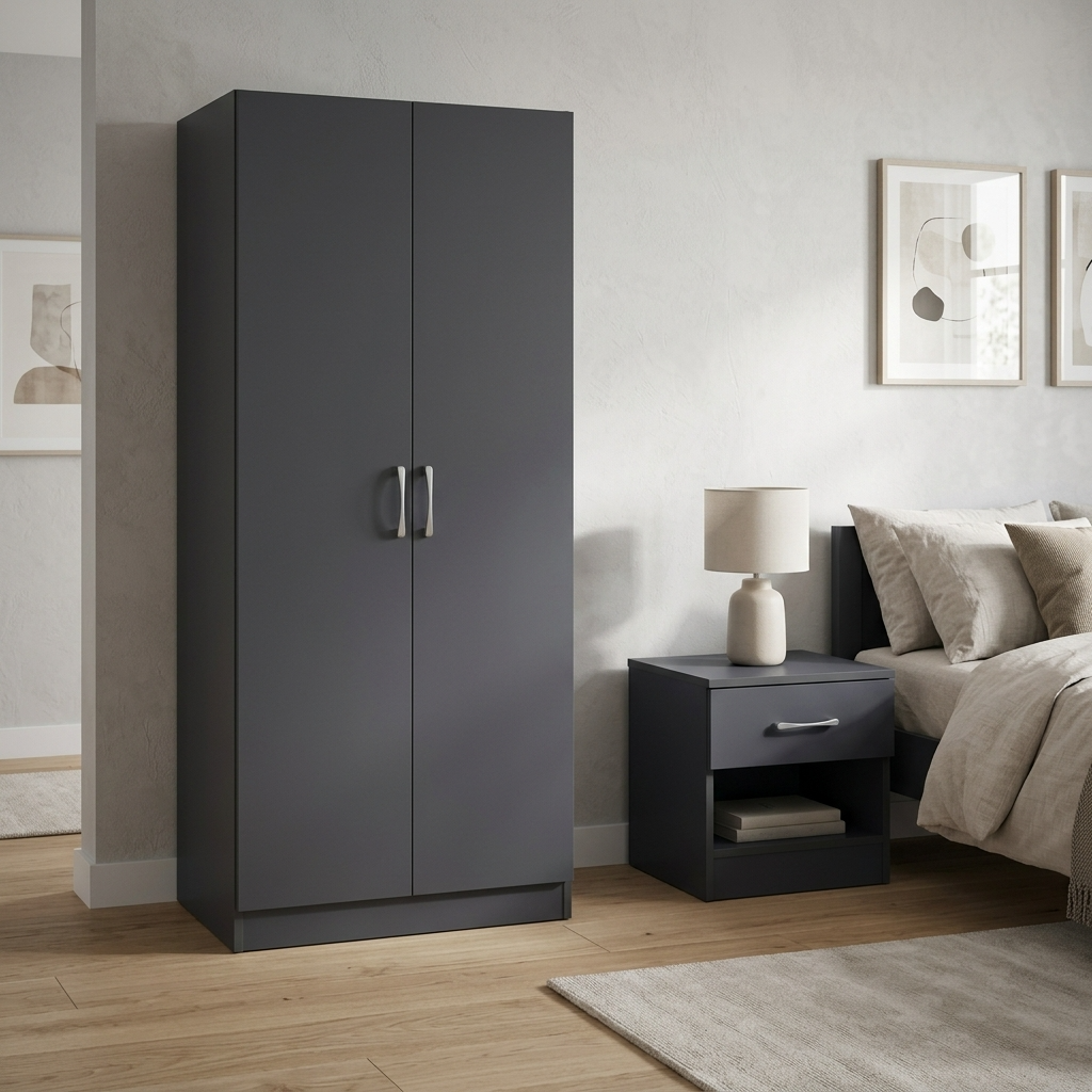 Highbury 2 Door Double Wardrobe & 1 Drawer Bedside 2 Piece Bedroom Set