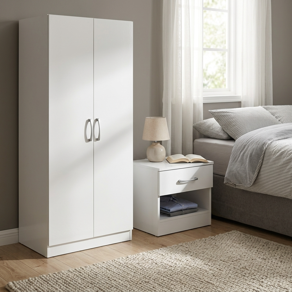 Highbury 2 Door Double Wardrobe & 1 Drawer Bedside 2 Piece Bedroom Set