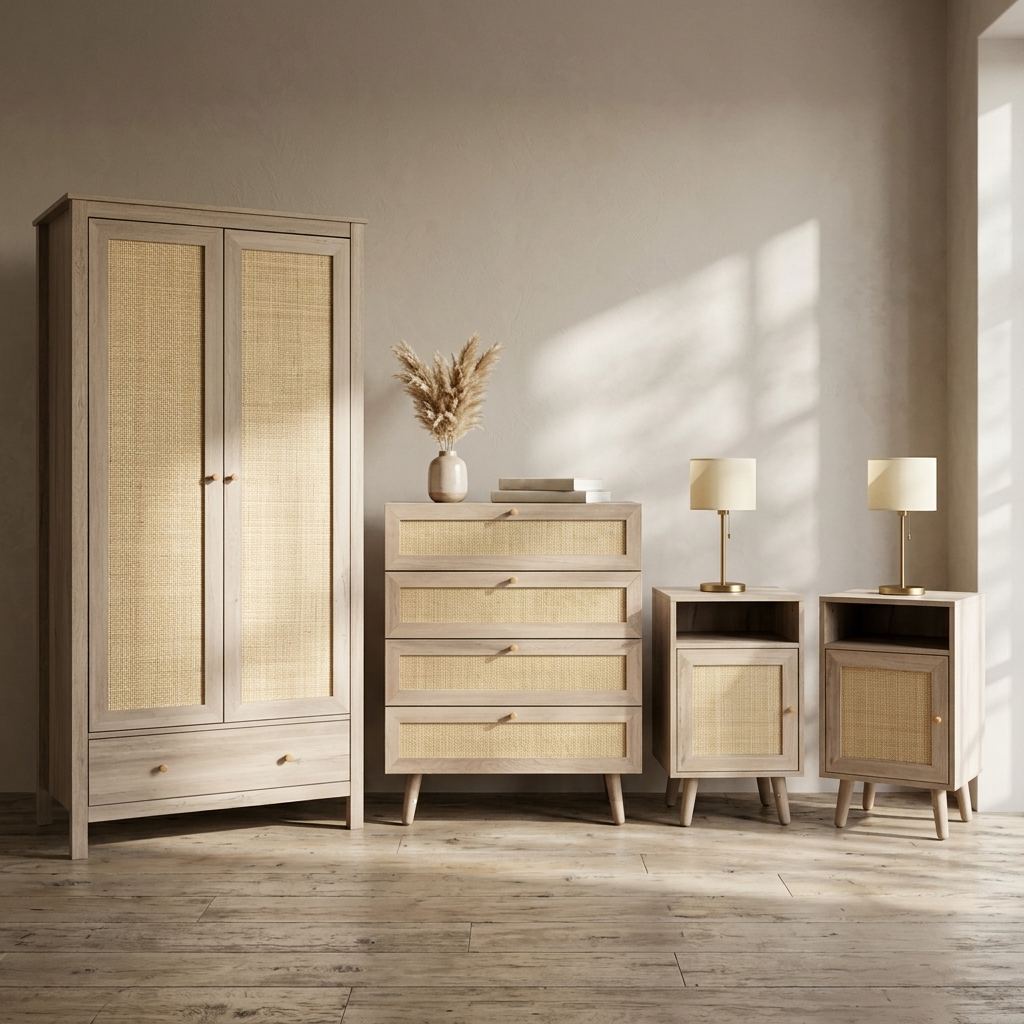 Willow Rattan 2 Door Wardrobe & 4 Drawer Chest 4 Piece Bedroom Set