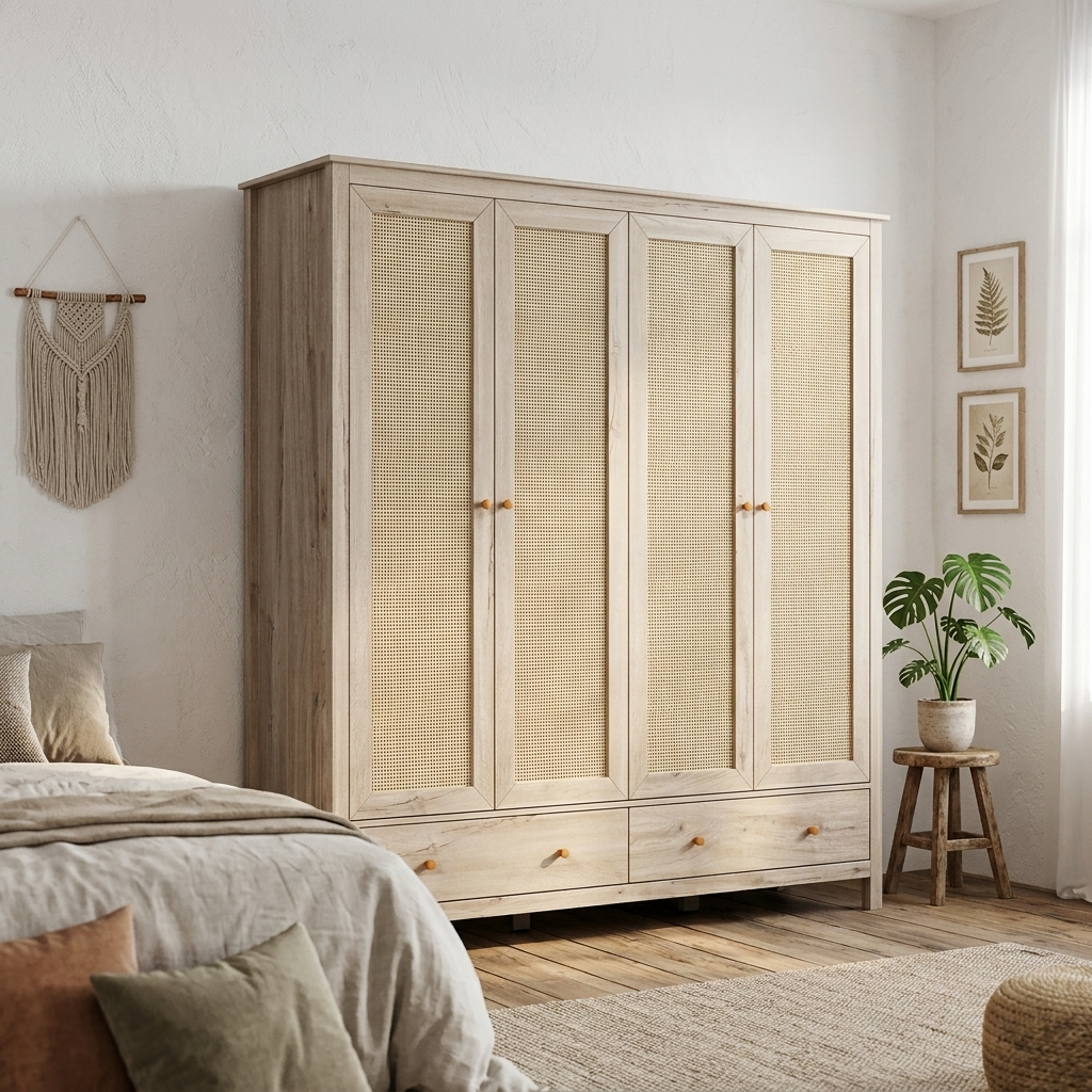 Willow Rattan 4 Door Wardrobe & 4 Drawer Chest 4 Piece Bedroom Set