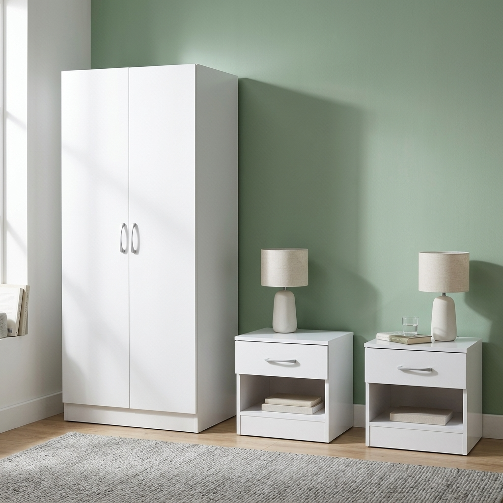 Highbury 2 Door Double Wardrobe & 1 Drawer Bedside 3 Piece Bedroom Set