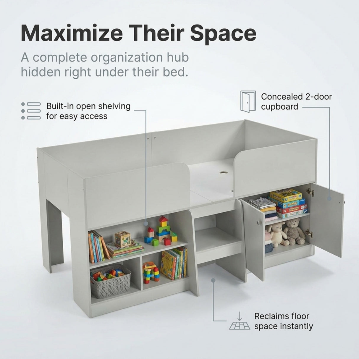 Nova Low Sleeper Kids Single Bed Frame with Storage Shelves