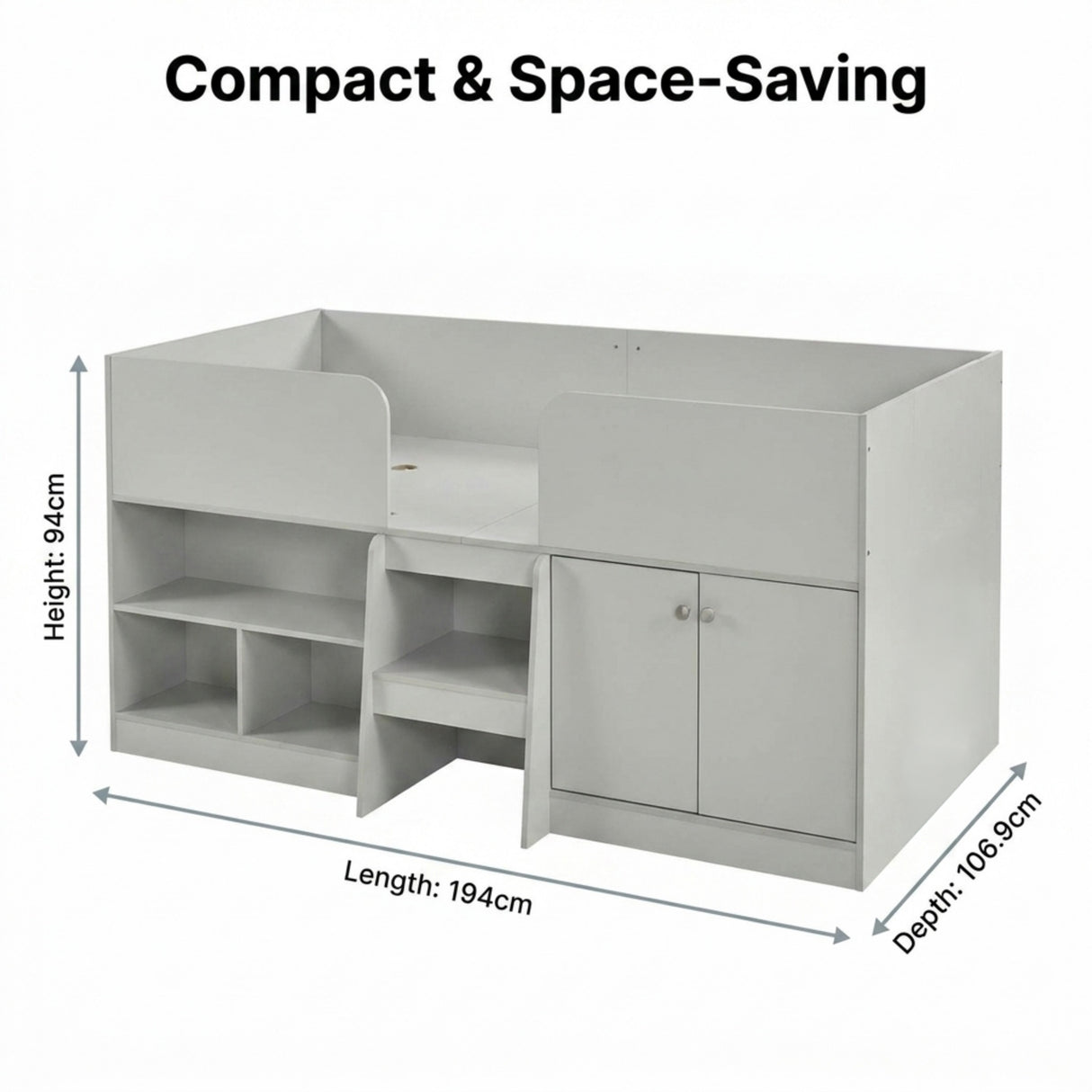 Nova Low Sleeper Kids Single Bed Frame with Storage Shelves