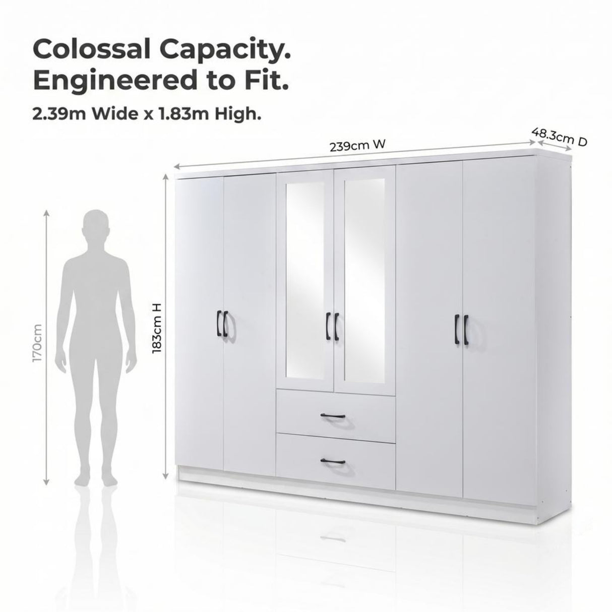Paddington 6 Door 2 Drawer Mirrored Large Wardrobe