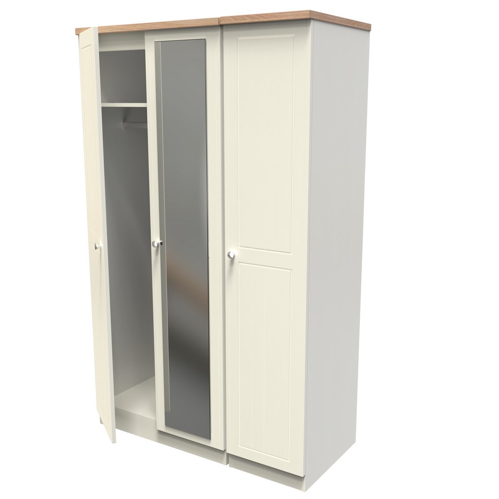 Vienna 3 Door Triple Mirrored Wardrobe with Oak Top