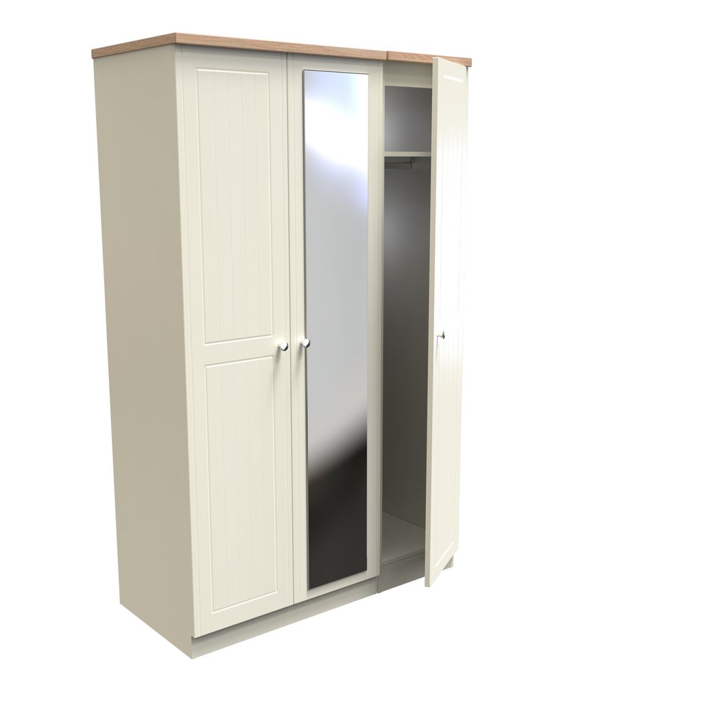 Vienna 3 Door Triple Mirrored Wardrobe with Oak Top