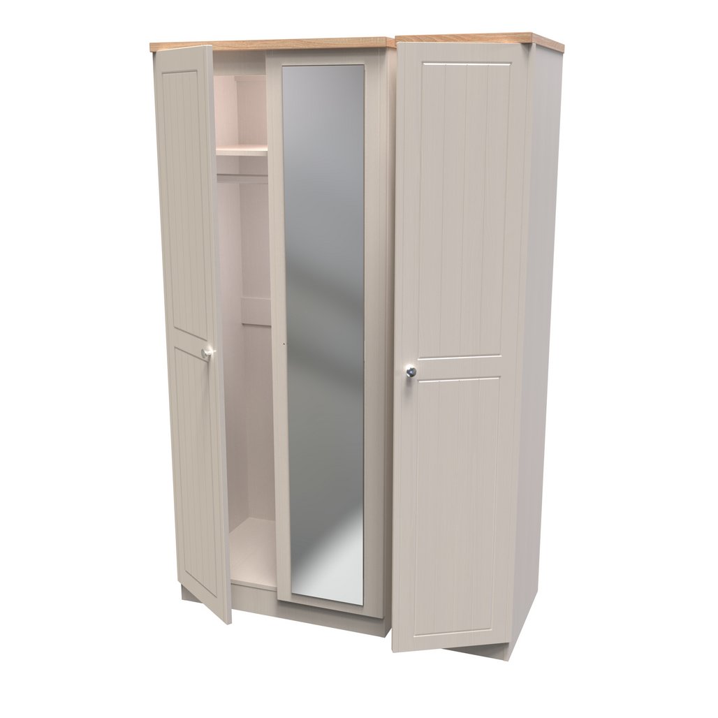 Vienna 3 Door Triple Mirrored Wardrobe with Oak Top