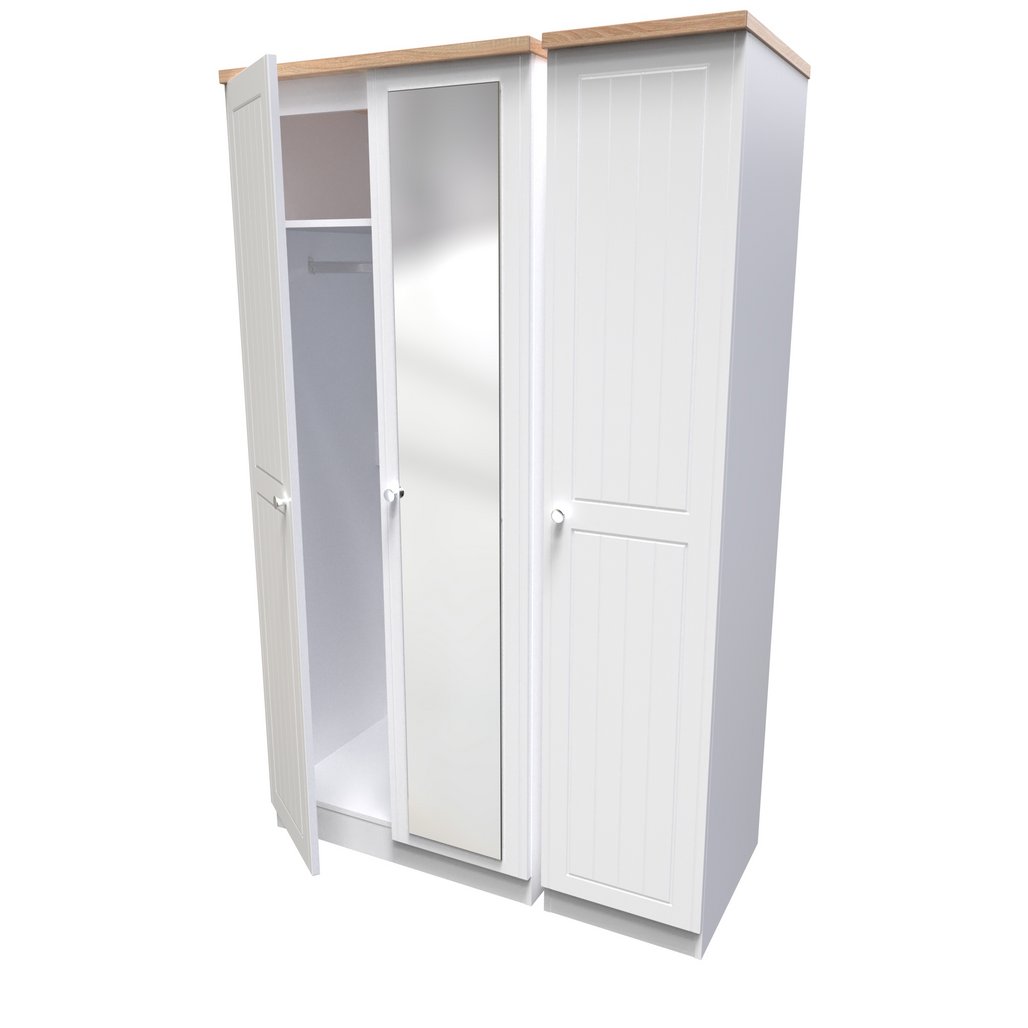 Vienna 3 Door Triple Mirrored Wardrobe with Oak Top