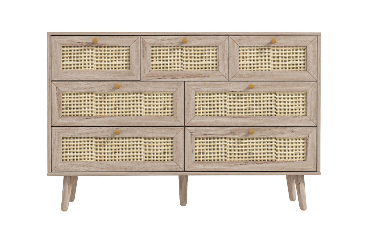 Hand-woven rattan detail on Willow oak chest of drawers