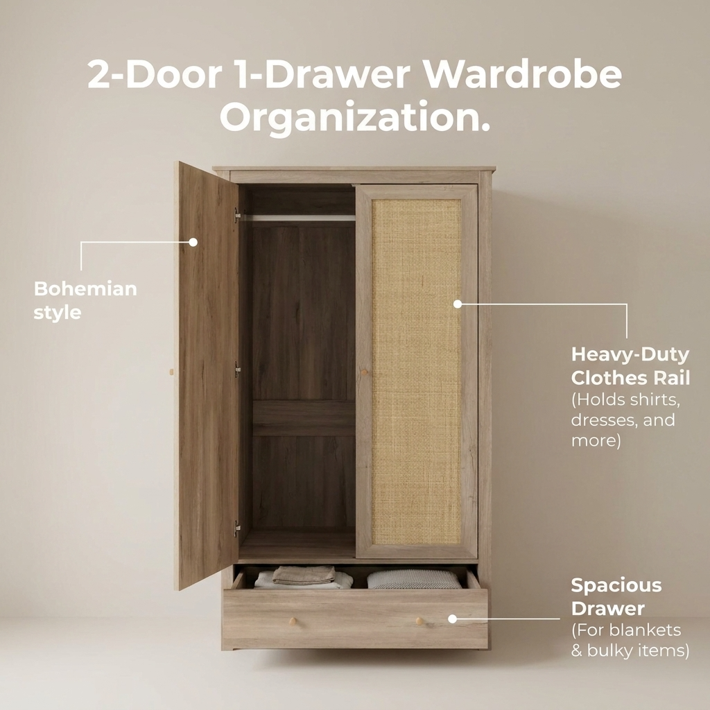 Willow Rattan 2 Door Double Wardrobe with 1 Drawer