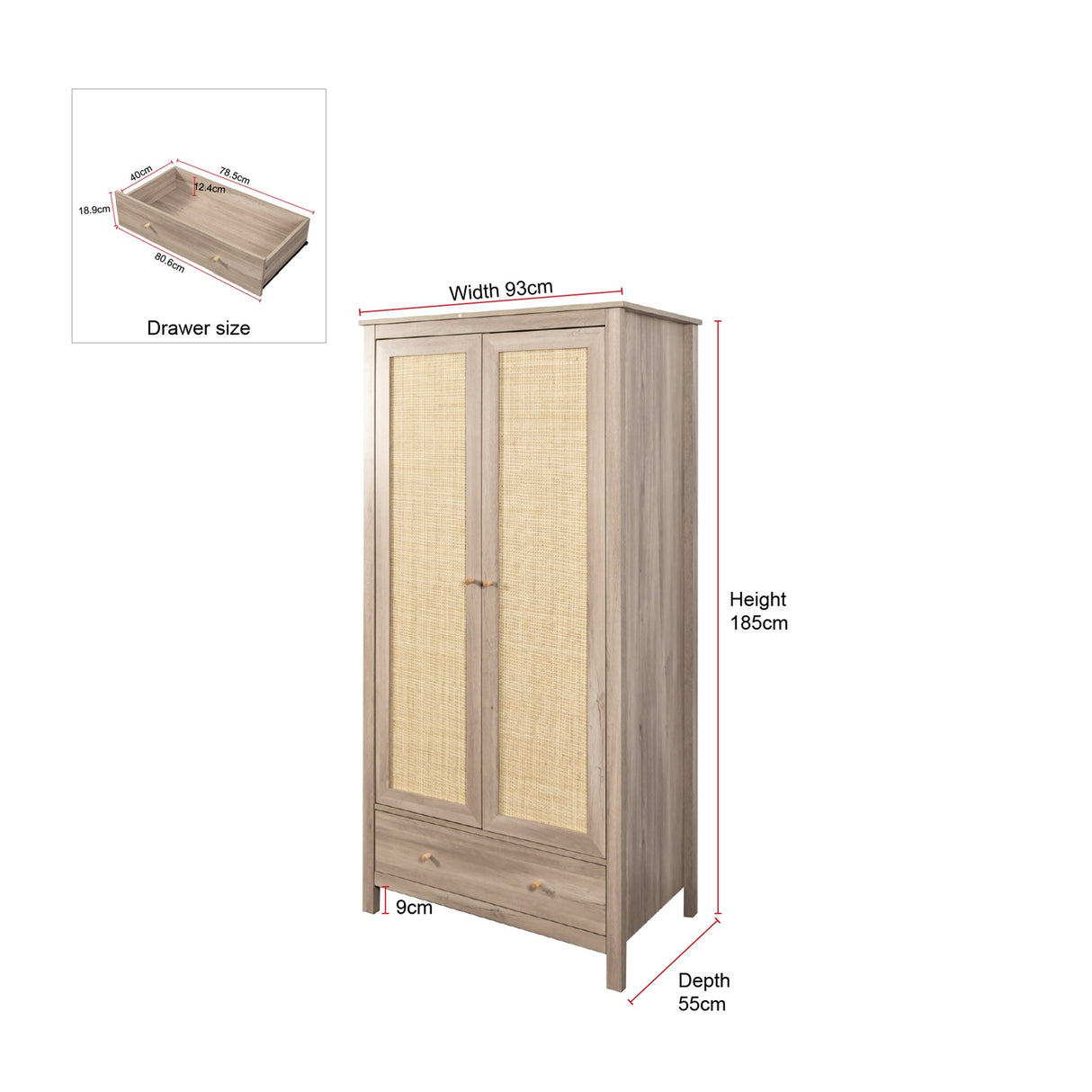 Willow Rattan 2 Door Wardrobe 3 Piece Bedroom Set