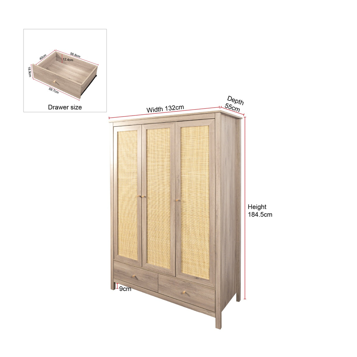 Willow Rattan 3 Door Triple Wardrobe with 2 Drawers