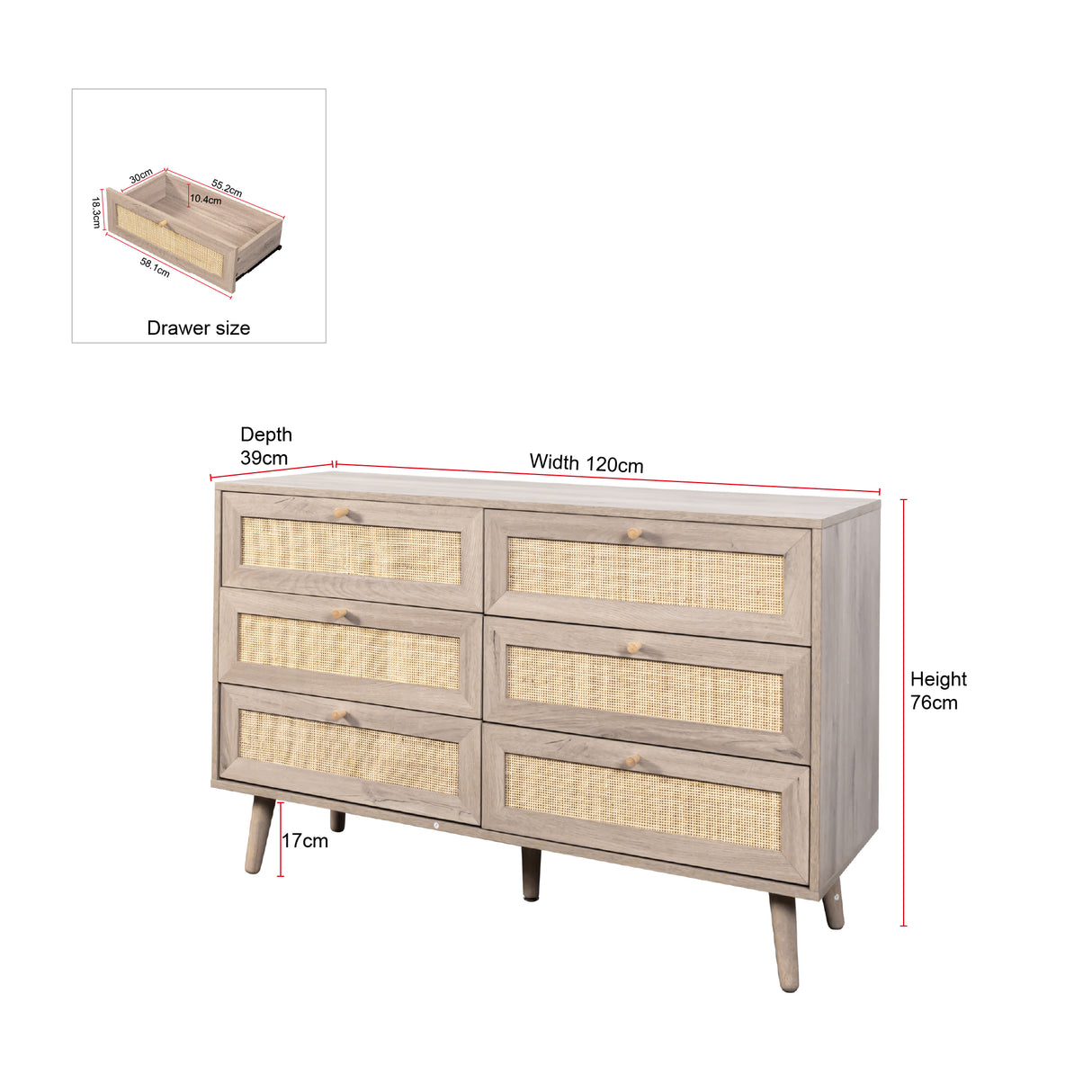 Willow Rattan Chest of 6 Drawers Oak