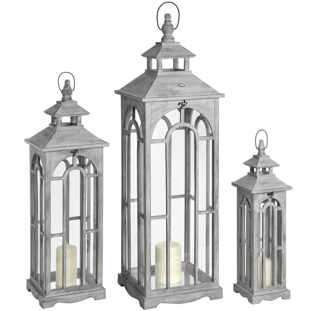 Set of Three Wooden Archway Lantern Lamps