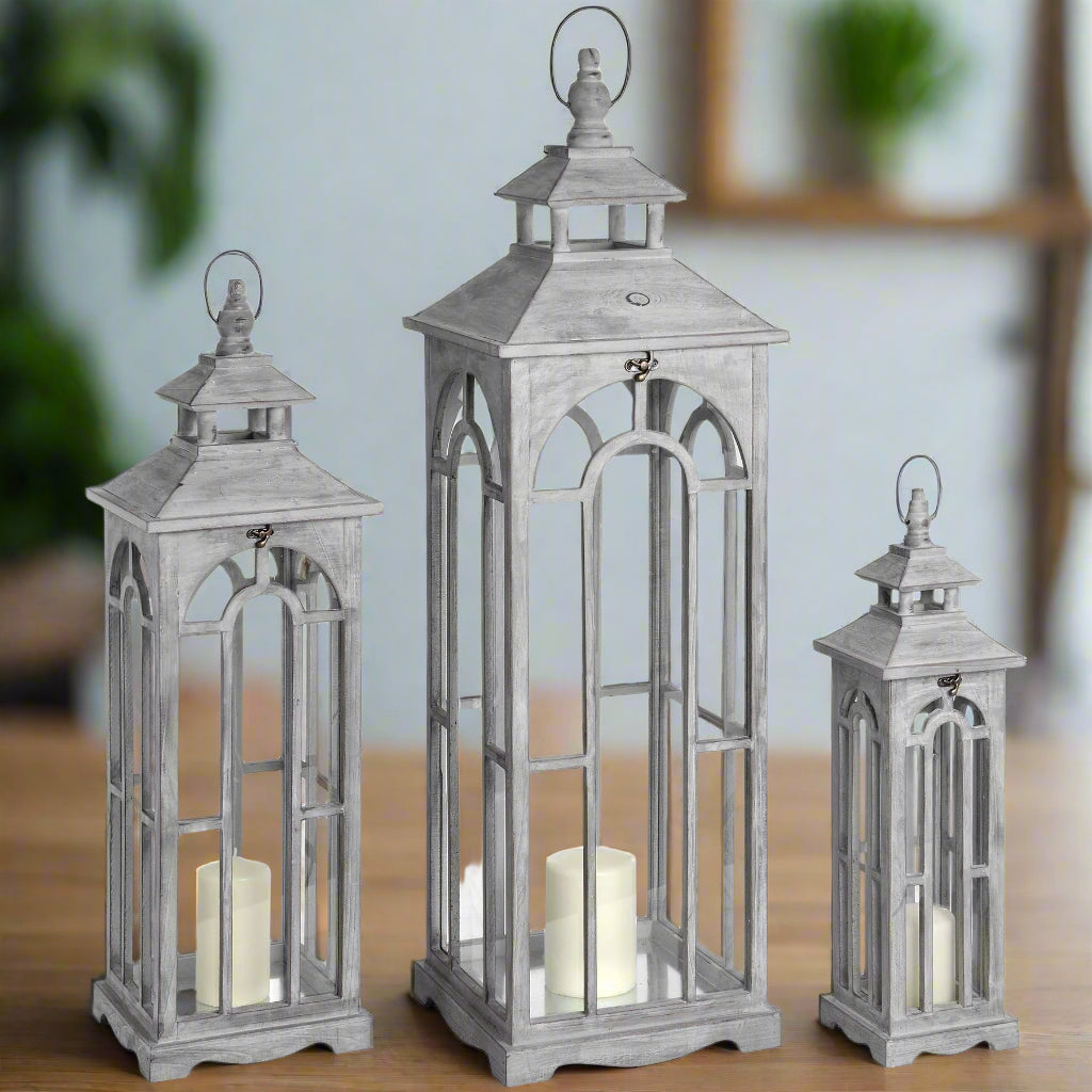 Set of Three Wooden Archway Lantern Lamps