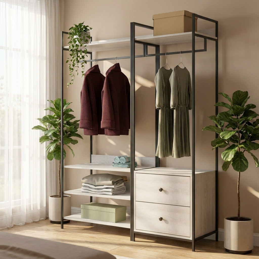 Alva Open Wardrobe Clothes Rail with 2 Drawers & 4 Shelves Set