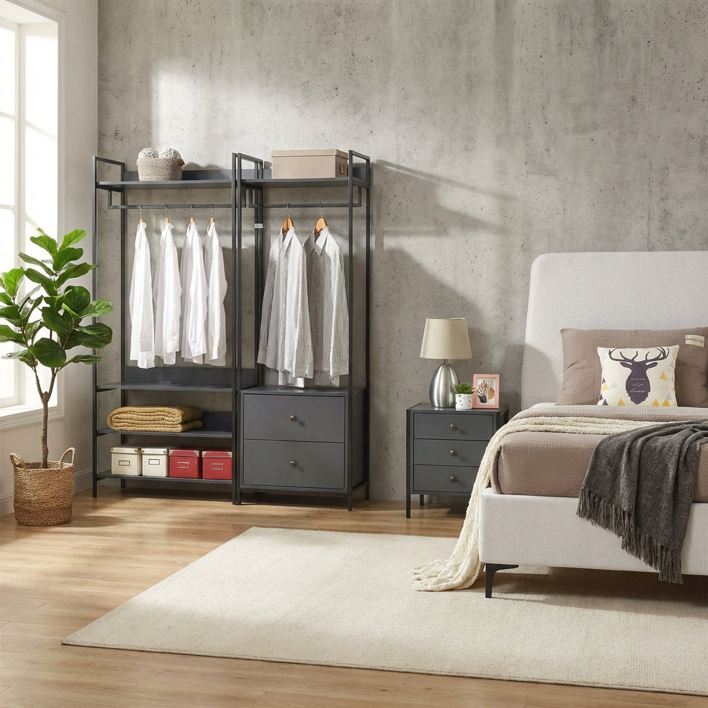 Alva Open Wardrobe Clothes Rail with 2 Drawer 4 Shelf 3 Piece Bedroom Set