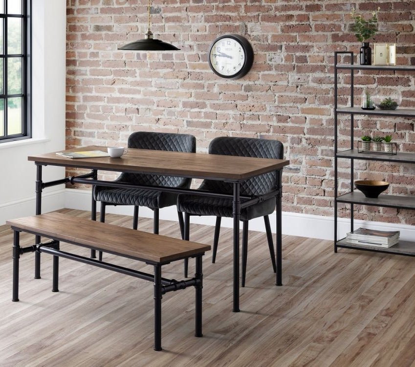Carnegie Industrial Pipework Dining Table, Bench and 2 Luxe Chairs - Julian Bowen