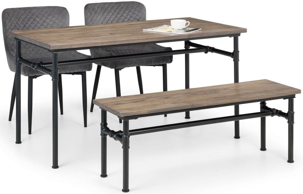 Carnegie Industrial Pipework Dining Table, Bench and 2 Luxe Chairs - Julian Bowen