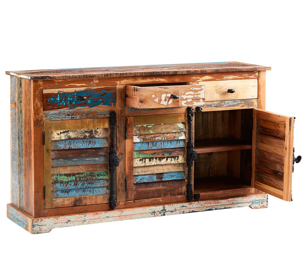 Coastal Rustic Distressed 3 Door 3 Drawer Sideboard - Indian Hub