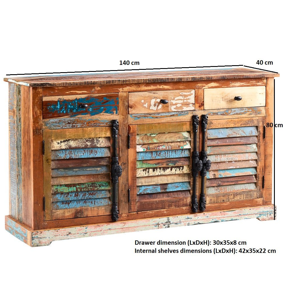 Coastal Rustic Distressed 3 Door 3 Drawer Sideboard - Indian Hub
