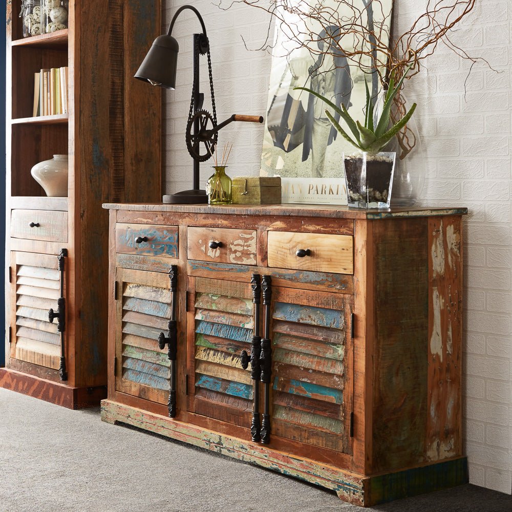 Coastal Rustic Distressed 3 Door 3 Drawer Sideboard - Indian Hub