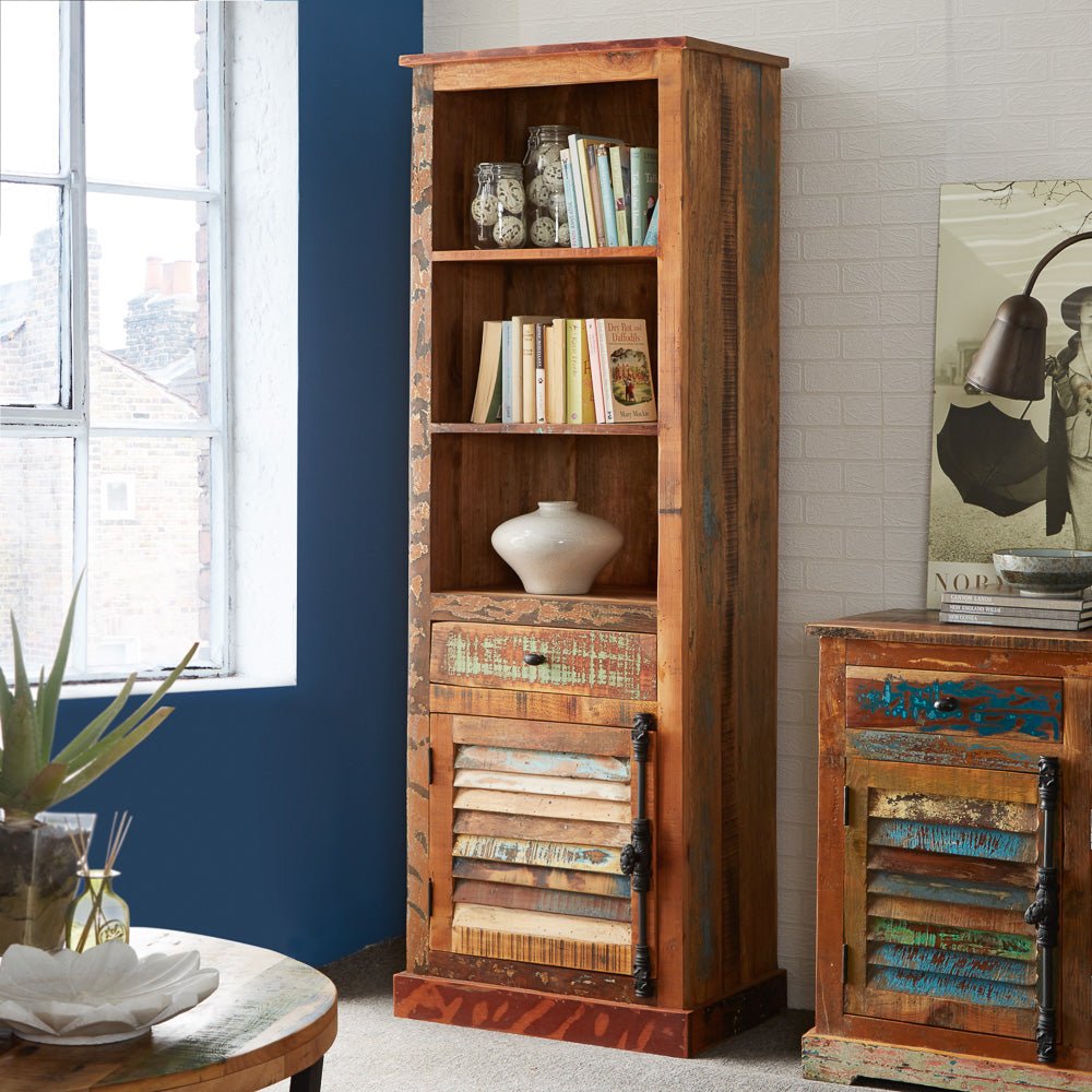 Coastal Rustic Distressed Narrow Bookcase - Indian Hub