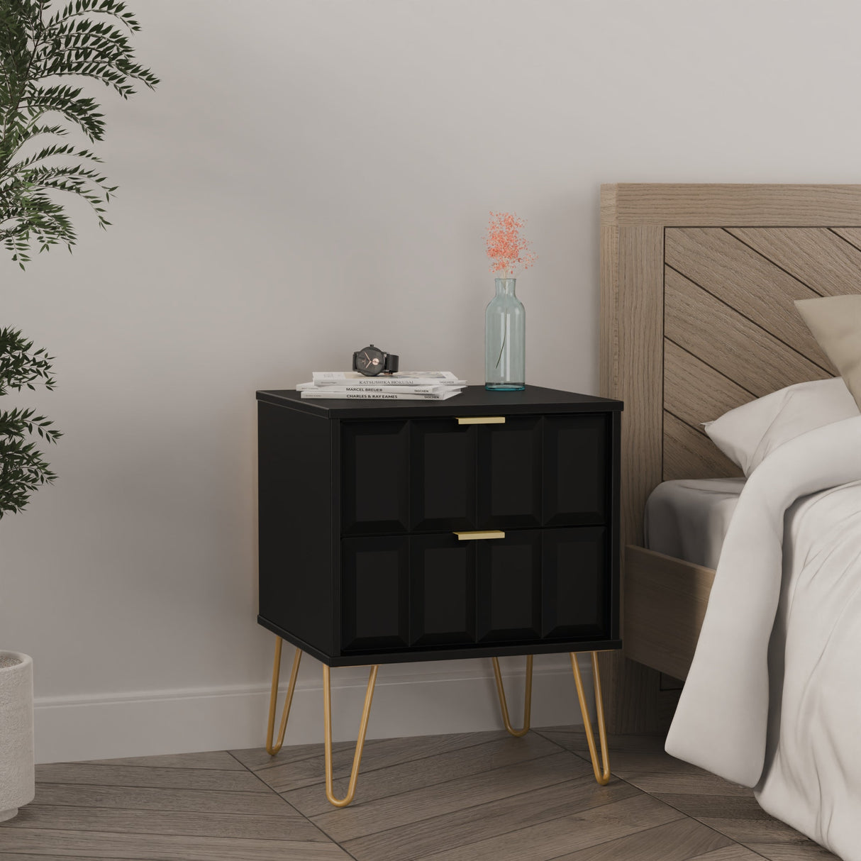Cube 2 Drawer Bedside Cabinet with Gold Hairpin Legs - Welcome Furniture