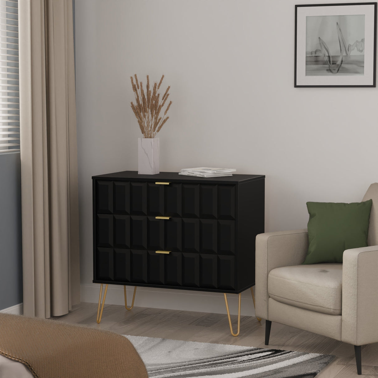 Cube 3 Drawer Chest with Gold Hairpin Legs - Welcome Furniture