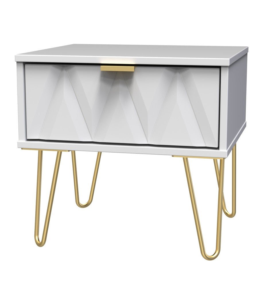 Diamond 1 Drawer Bedside Cabinet with Gold Hairpin Legs - Welcome Furniture