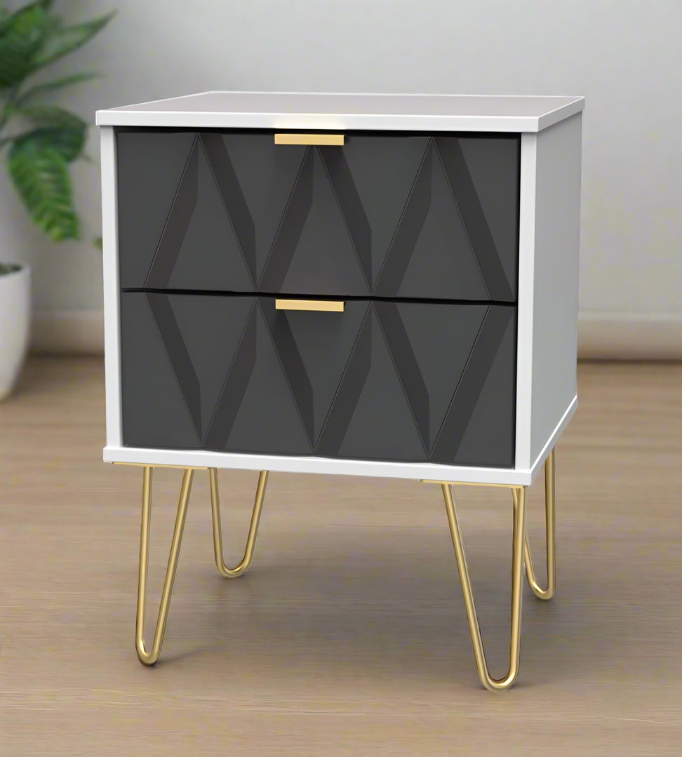 Diamond 2 Drawer Bedside Cabinet with Hairpin Legs - Welcome Furniture
