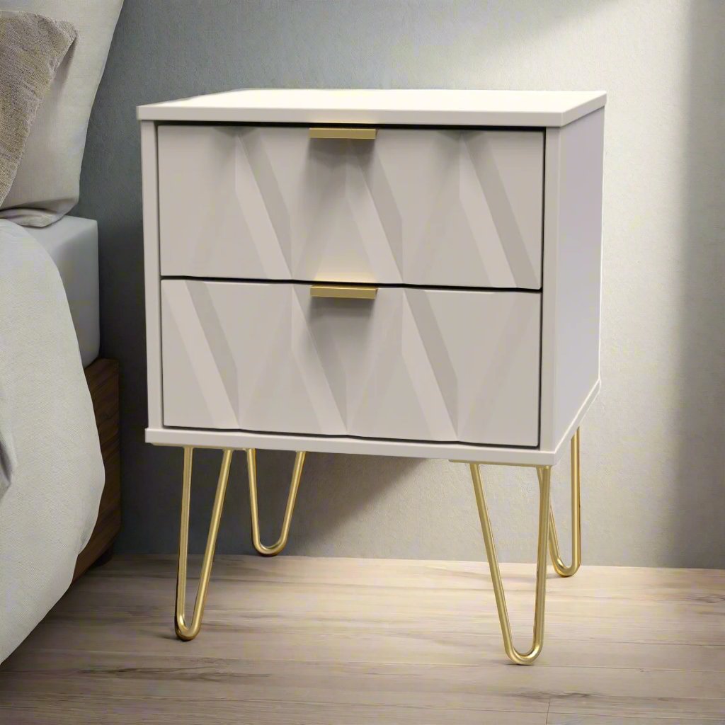 Diamond 2 Drawer Bedside Cabinet with Hairpin Legs - Welcome Furniture