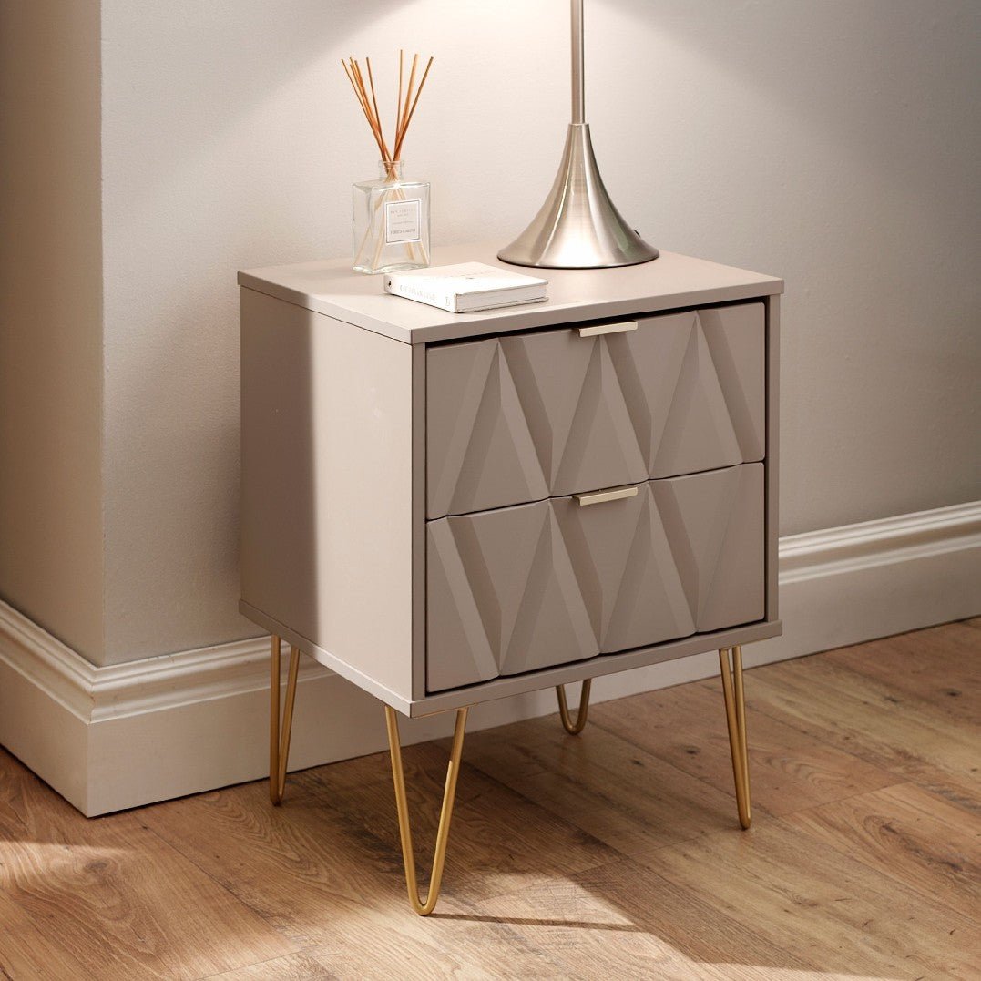 Diamond 2 Drawer Bedside Cabinet with Hairpin Legs - Welcome Furniture
