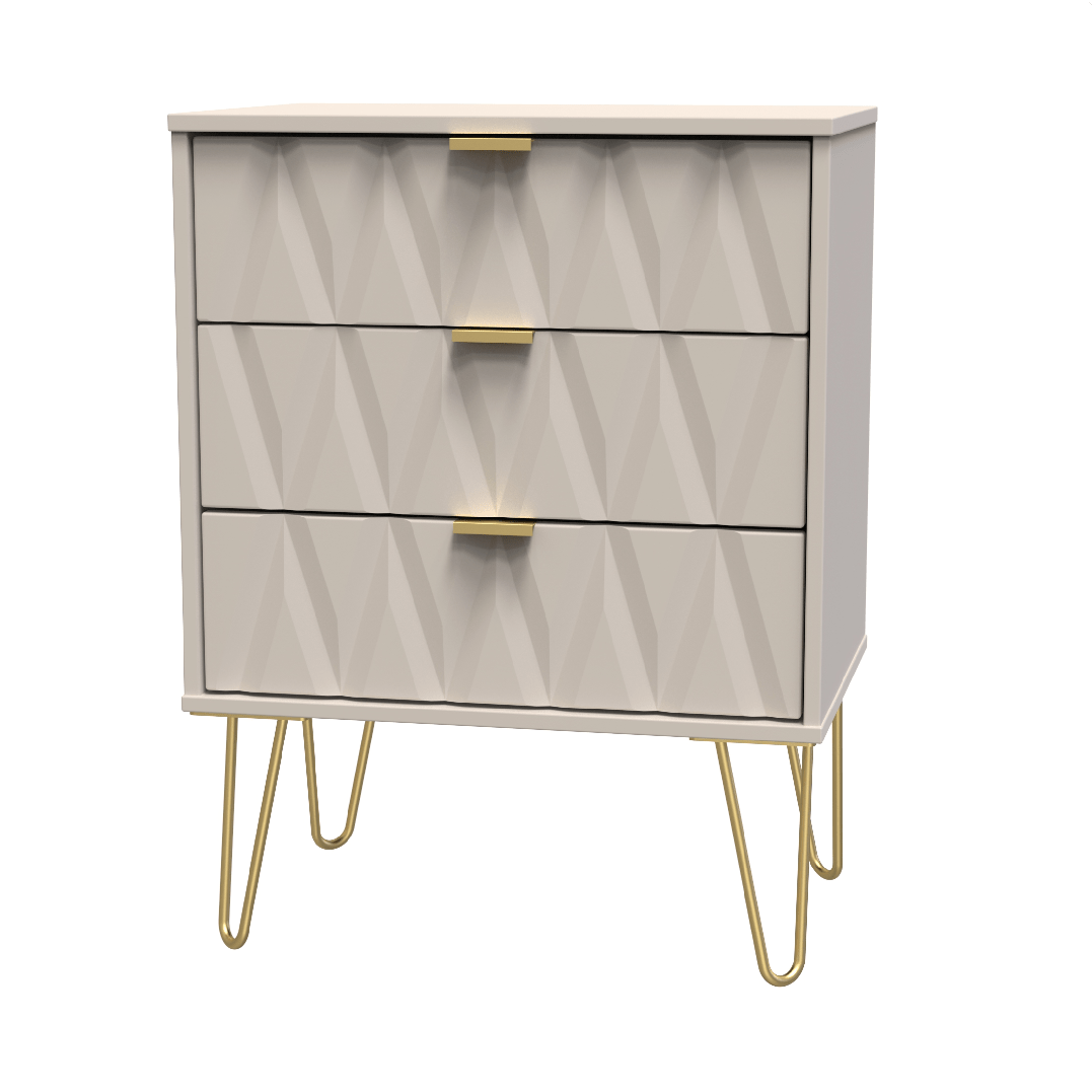 Diamond 3 Drawer Midi Chest with Gold Hairpin Legs - Welcome Furniture